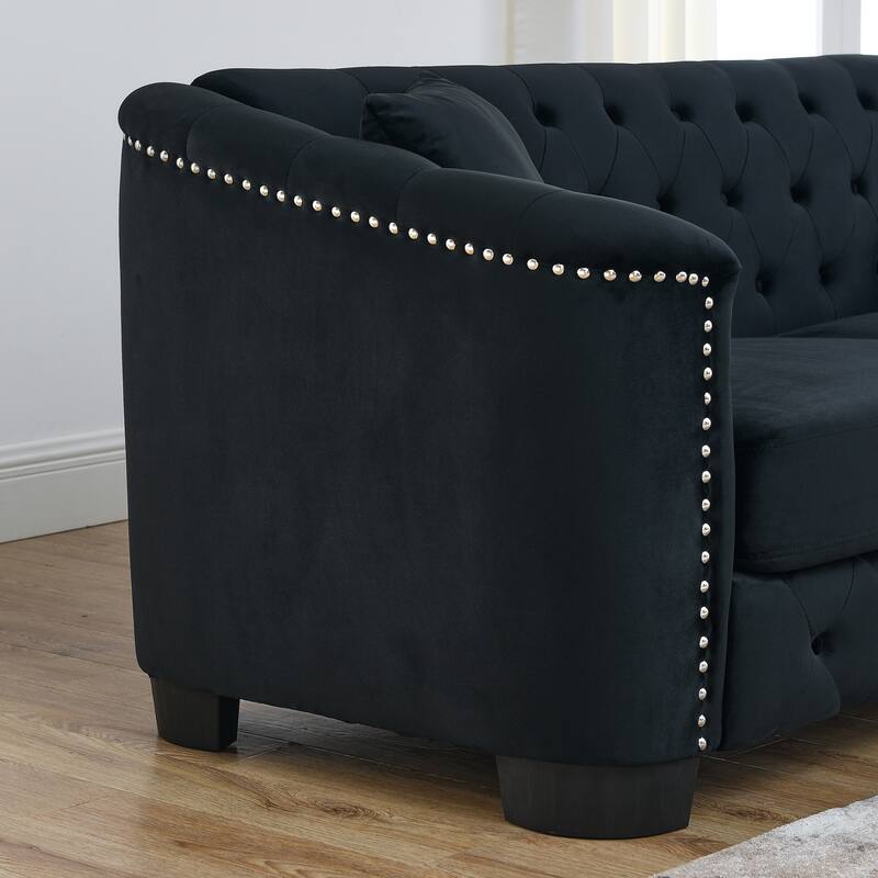 Modern Chesterfield Velvet 3+3 Seater Sofa, Upholstered Tufted Backrests with Nailhead Arms and 2 Cushions for Living Room
