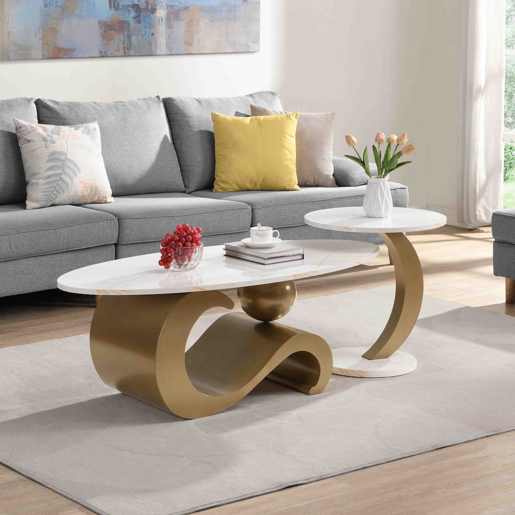 Modern Nesting Coffee Table Set of 2 End Table for Living Room, Oval and Round Table Set