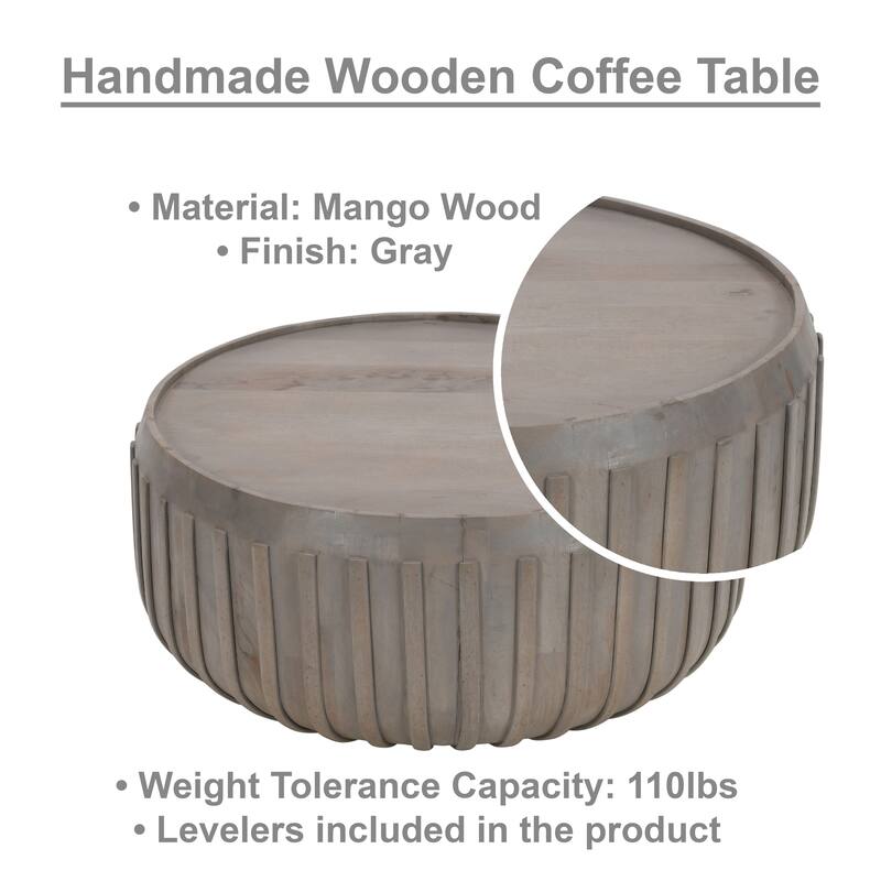 Alisha 36 Inch Coffee Table, Handcrafted Drum Shape with Ribbed Edges, Gray Mango Wood