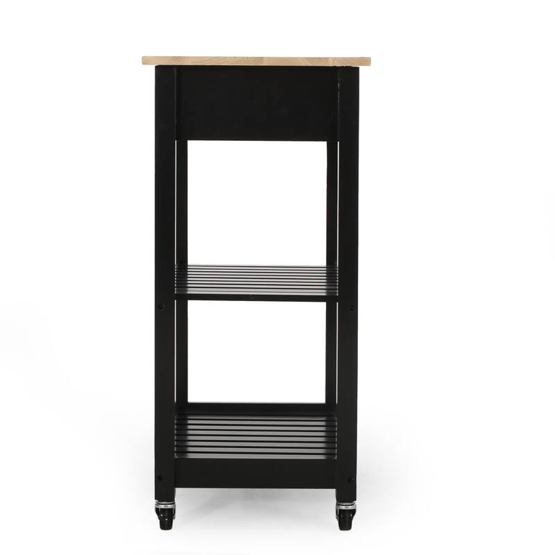 Compact Kitchen Cart with Rubberwood Top, 1 Drawer, 2 Shelves & Towel Holder - Rolling Casters, Modern Style