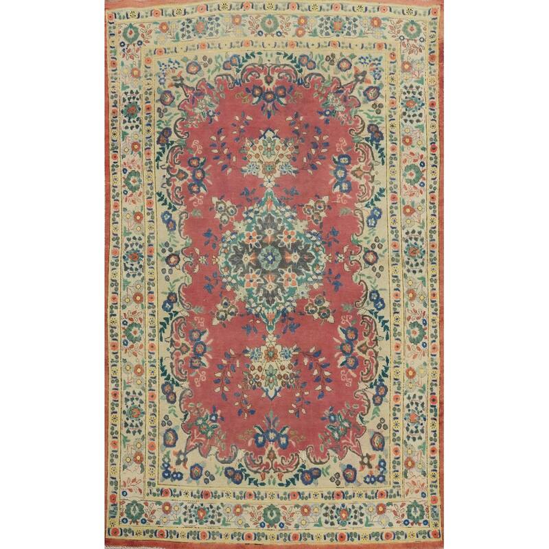 Hand Knotted Oriental 100% Wool Carpet Traditional Floral Pink Tabriz Area Rug - 6' 11'' X 4' 3''
