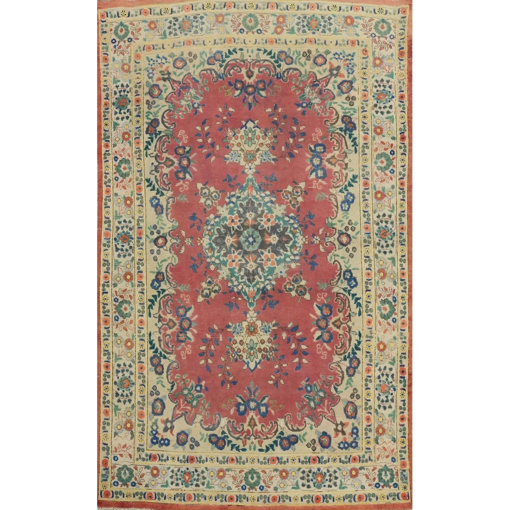 Hand Knotted Oriental 100% Wool Carpet Traditional Floral Pink Tabriz Area Rug - 6' 11'' X 4' 3''