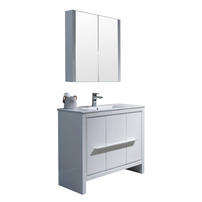 Solid Wood Bathroom Vanity with Mirror Medicine Cabinet - 36Inch - Glossy White