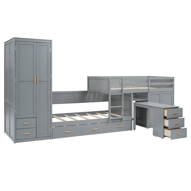 Twin Wooden Bunk Bed with Trundle, and Wardrobe, Desk & 5 Drawers - Gray Plywood, 400lb Capacity