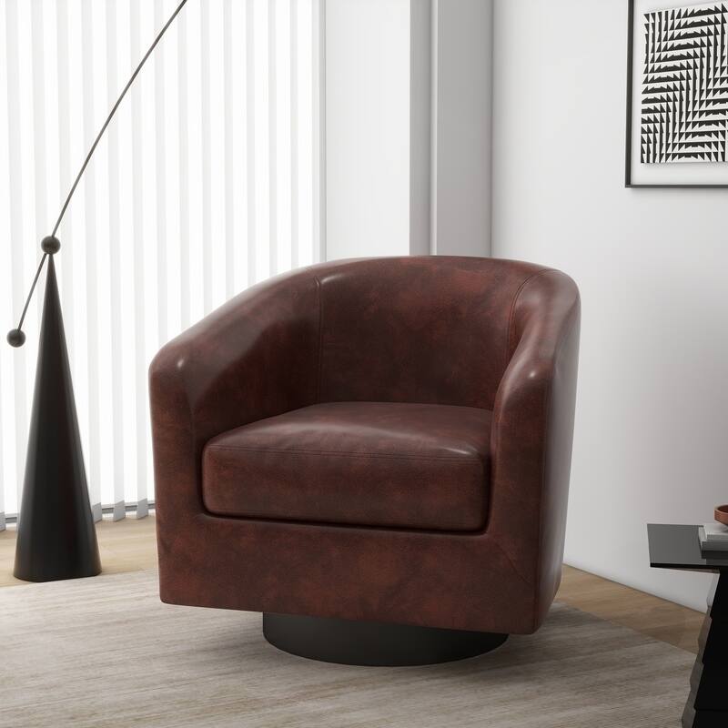 UIXE 360° Swivel Barrel Accent Chair Armchair For Living Room - Single - Red Brown-Leather