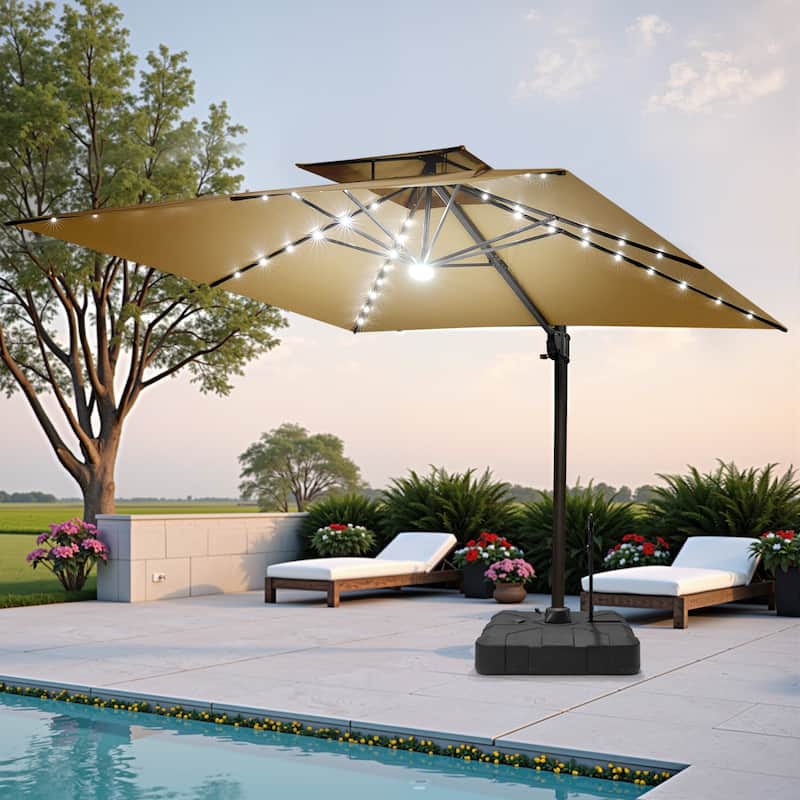 Pellebant 9x11 FT Outdoor Patio Double Top Cantilever Umbrella Solar LED Lighted with Rod Base