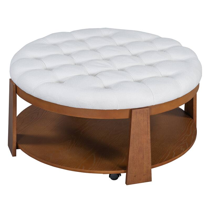 Anmytek 2 Tier Modern Large Round Tufted Ottoman Coffee Table Waterproof Linen Wood Storage Shelf With Wheels