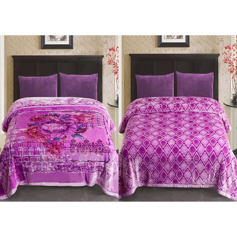 Reversible 10.5 Pounds Plush Fleece Blankets, 2 PLY A&B Design 87" x 95" Bed Blankets for Winter - Violet Flower
