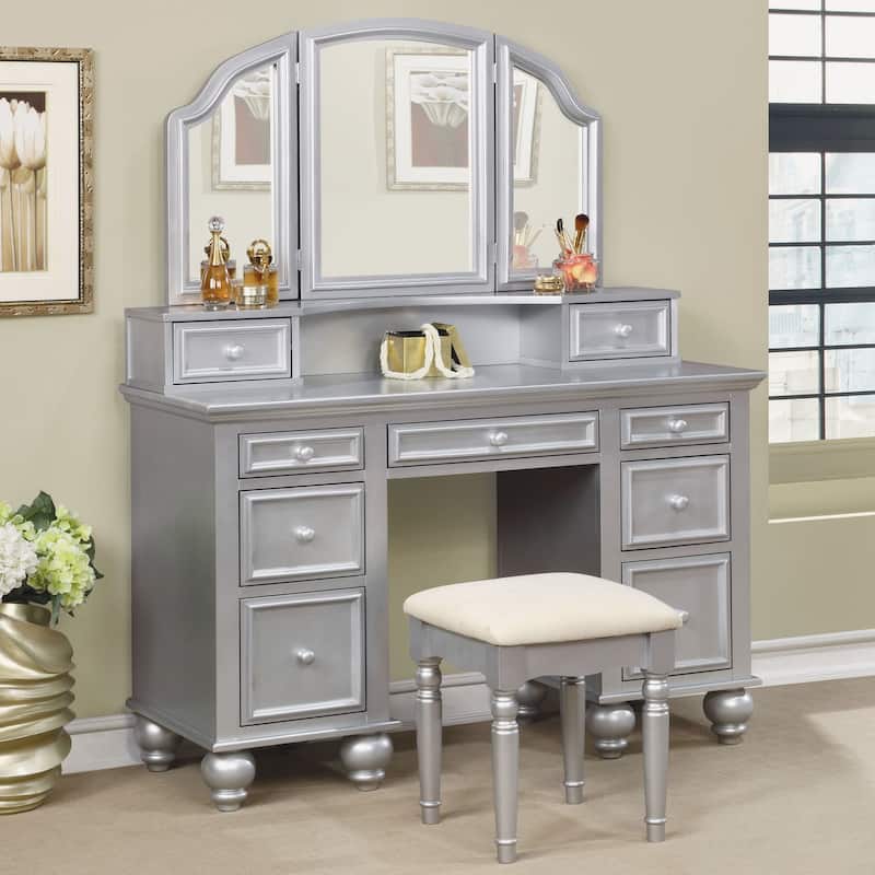 Boke Transitional Solid Wood 3-Piece Makeup Vanity Set with 3-side Mirror by Furniture of America - Silver