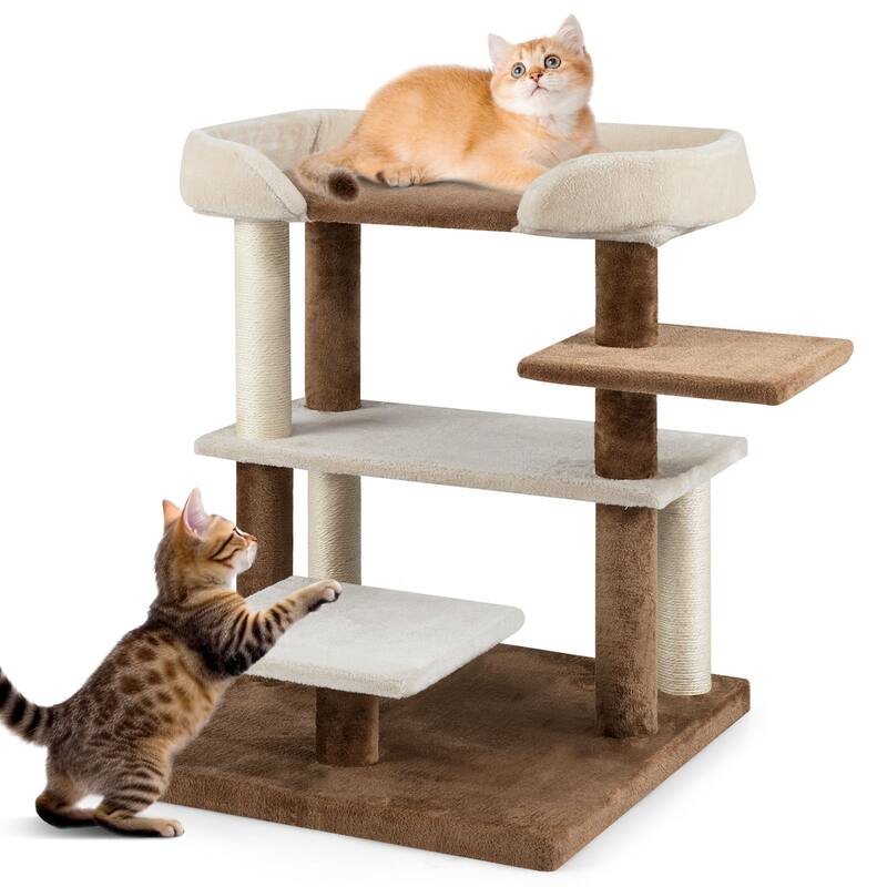Gymax 2-in-1 Cat Tree Tower Pet Steps w/ Scratching Posts Hanging Toy - Brown