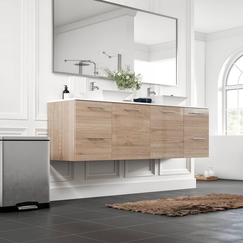 Luxy 72" White Oak Double Vessel Sink Bath Vanity with Quartz Top