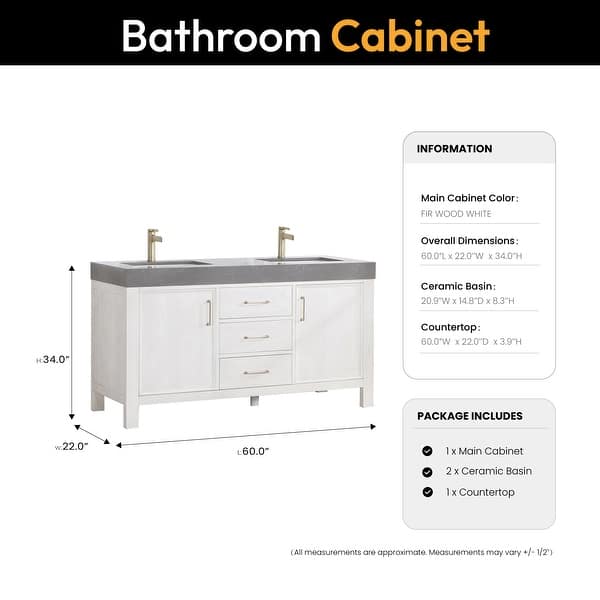 dimension image slide 3 of 7, Leon 60 in. Double Bathroom Vanity with Composite Stone Top
