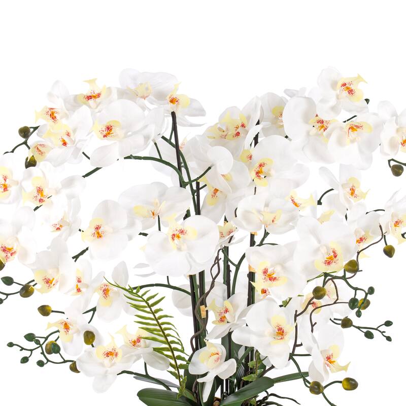 11 Stems Real Touch White Phalaenopsis Orchids with Green Leaf in Gold-Plated Ceramic Pot - 29.13" H x 29.13" W x 29.13" D