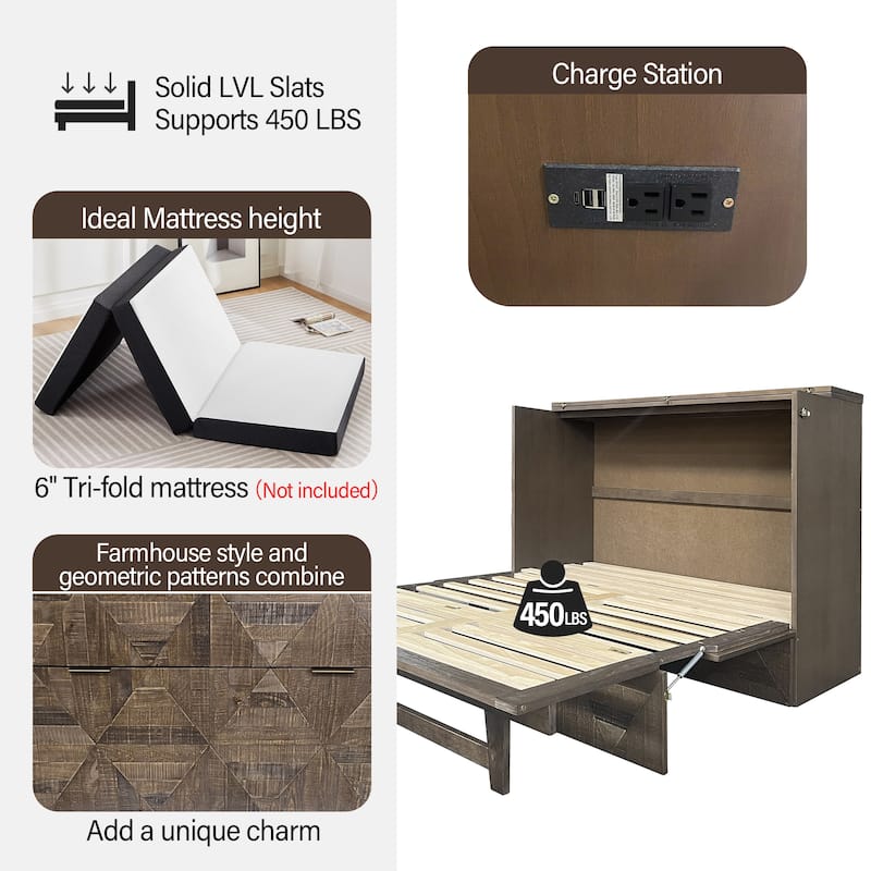 Queen Size Foldable Murphy Cabinet Bed with Geometric Wood Design, Built-In USB Charging Ports & Extra-Large Storage Drawer