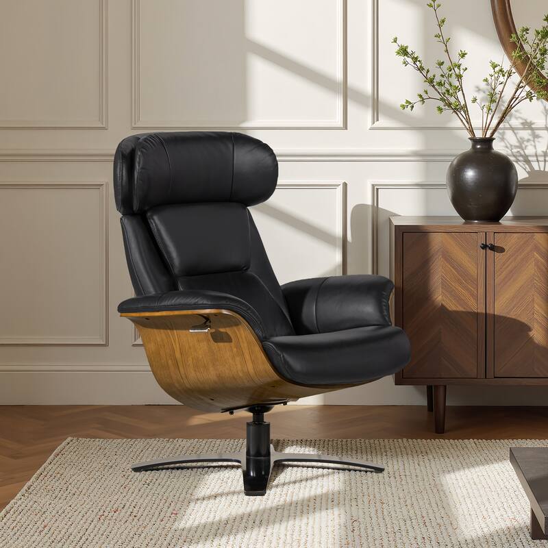 Jovan 31.5" Curved Wood Genuine Leather Recliner Lounge Chair - Shadow Gray Leather