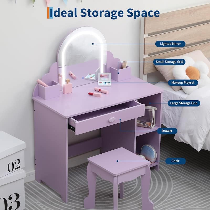2 in 1 Kids Vanity Table & Stool with Lighted Mirror