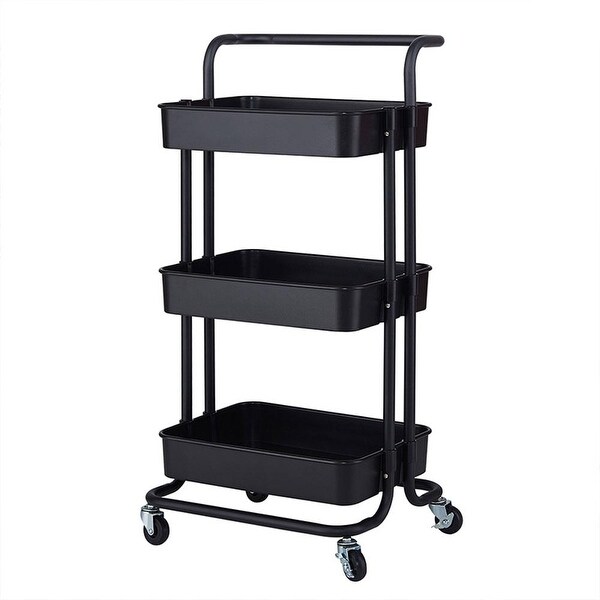 Rolling Metal Organization Cart with Handle and Lockable Wheels Storage Shelves-Black 3 Tier Home Kitchen Mesh Utility Cart