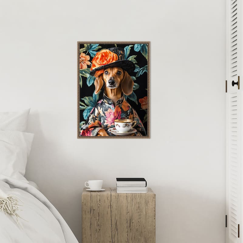 Tea Time Dachshund by Mowzu Framed Canvas Wall Art