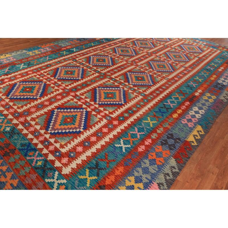 All-Over Geometric Kilim Large Rug Flatweave Oriental Wool Carpet - 9'10"x 16'1"