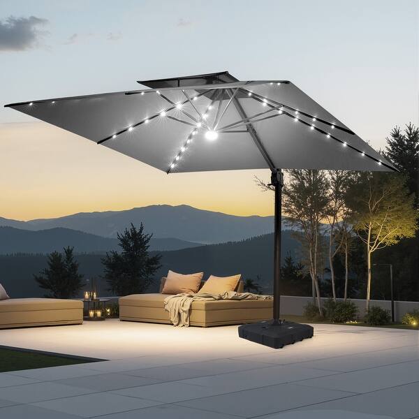 11x11 patio umbrella VredHom 11X11 FT Outdoor Square Cantilever Patio Aluminum Umbrella Solar  LED Light with Wheel Base