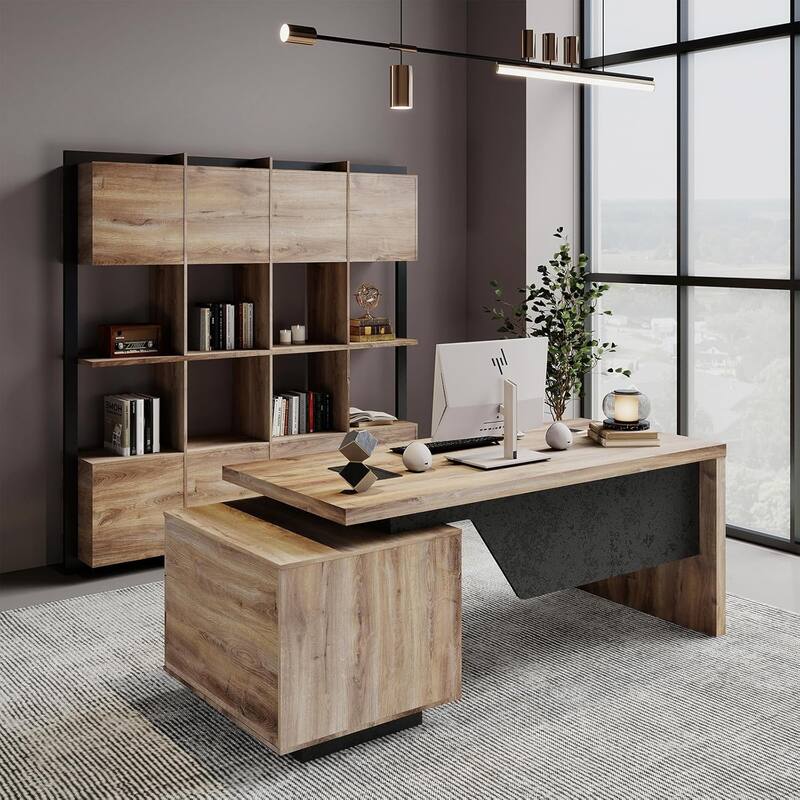 WESOME Modern Width Adjustable Executive Desk with Storage Cabinet