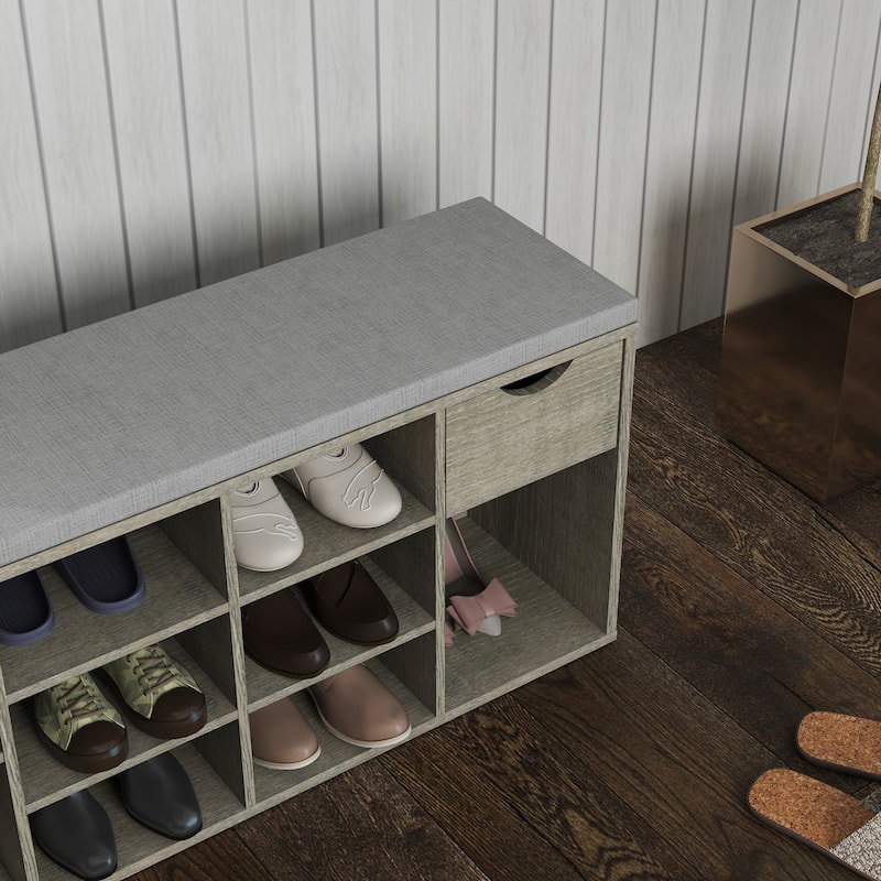 Shoe Bench, Entryway Bench with Padded Cushion, Drawer and Open Compartments, Bench with Storage, 3 Tier Shoe Rack Bench