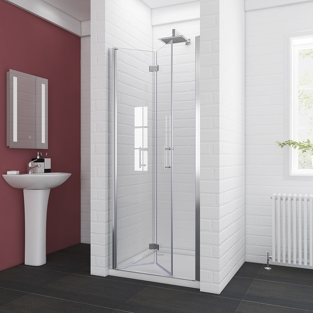 Elegant Bi-Fold Frameless Pivot Swing Shower Door Enclosure with Clear Glass Panel and Hardware Kit