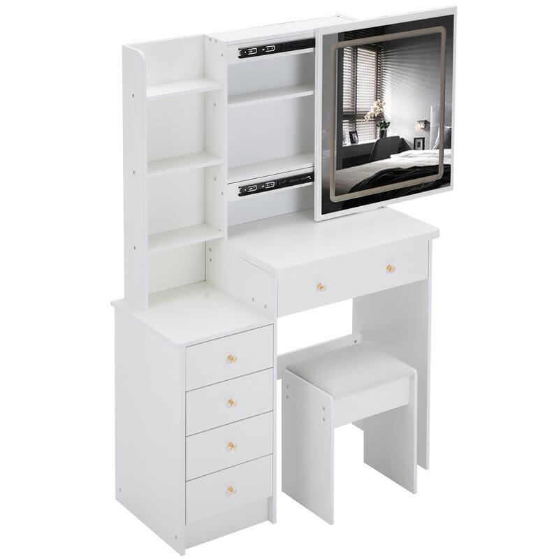 Vanity Table with Control LED Sliding Mirror, Dressing Table Set with USB Power Station, Makeup Stool with Hair Dryer Stand