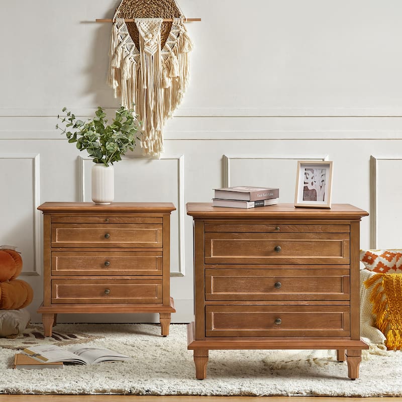 Muriel Farmhouse 3 Drawers Nightstand with Built-In Outlets Set of 2 by HULALA HOME - Acorn