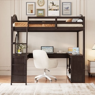 Full Wooden Loft Bed with U-shaped Desk, Storage & Tri-fold Mirror, Espresso
