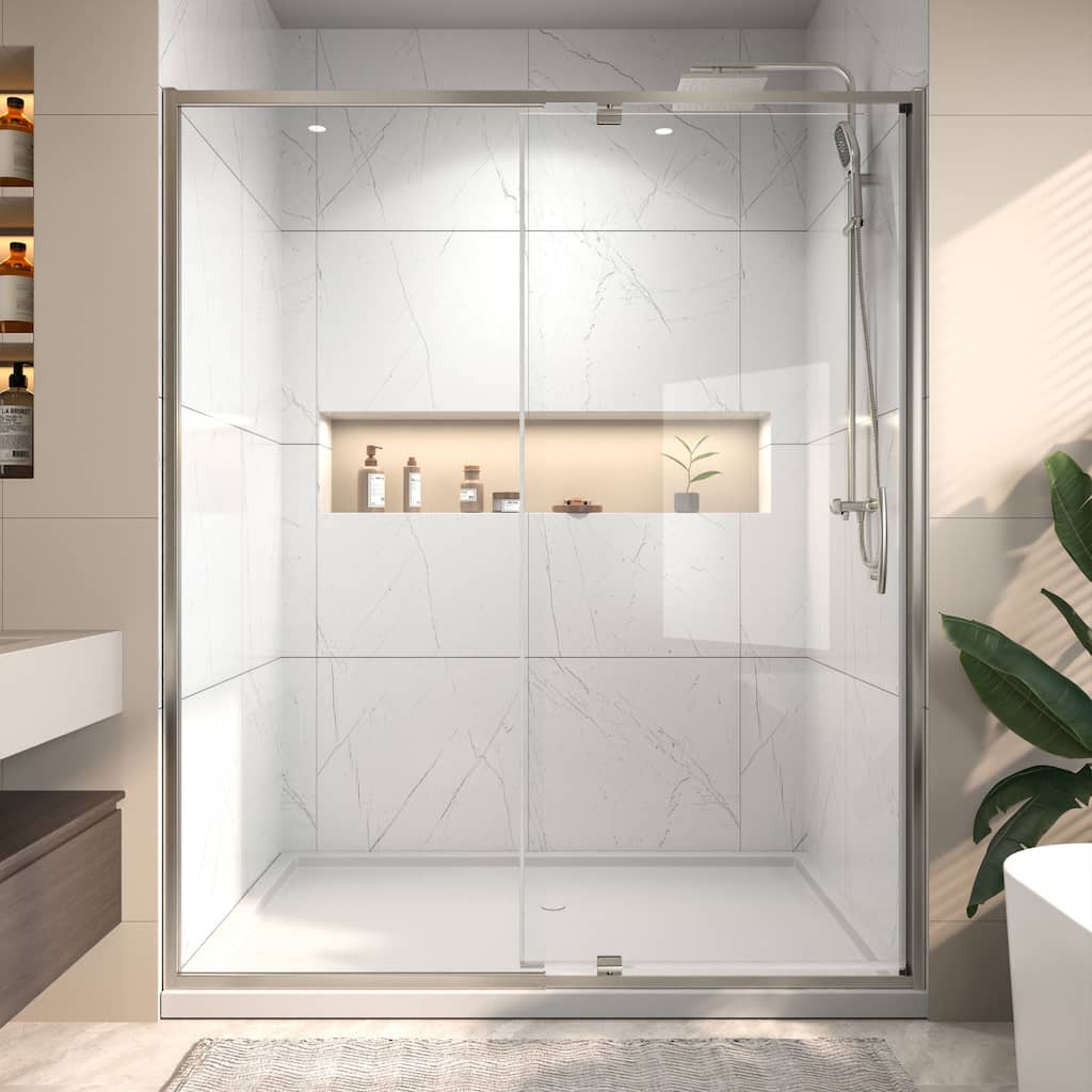 60"x71" Single Pivot Swing Shower Doors in Nickel/Black/Chrome Frameless Enclosure Tub Doors with Clear Tempered Glass