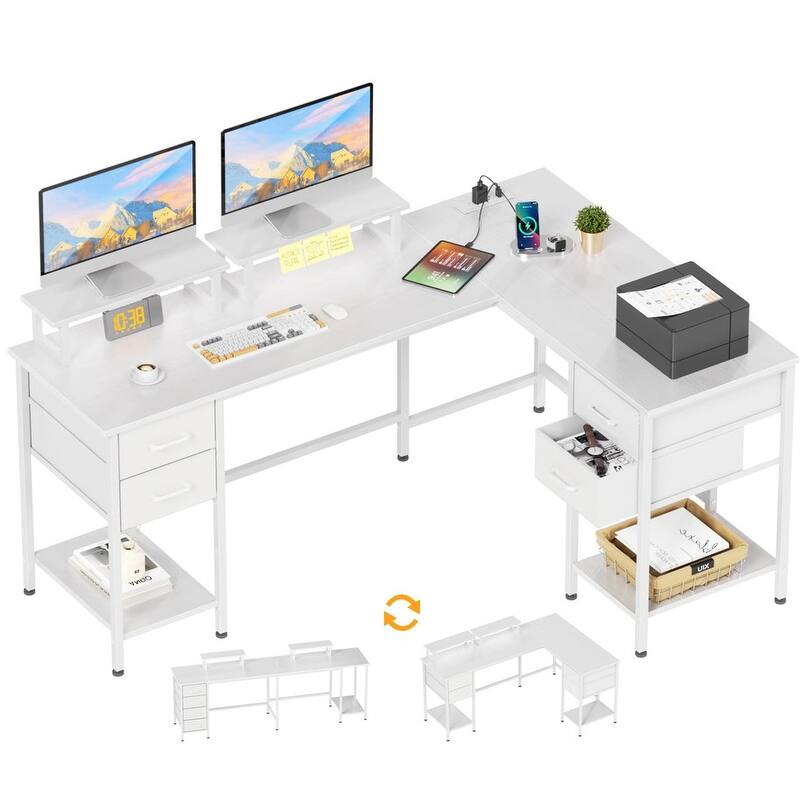 L Shaped Computer Desk Desk with 4 Adjustable Storage - White