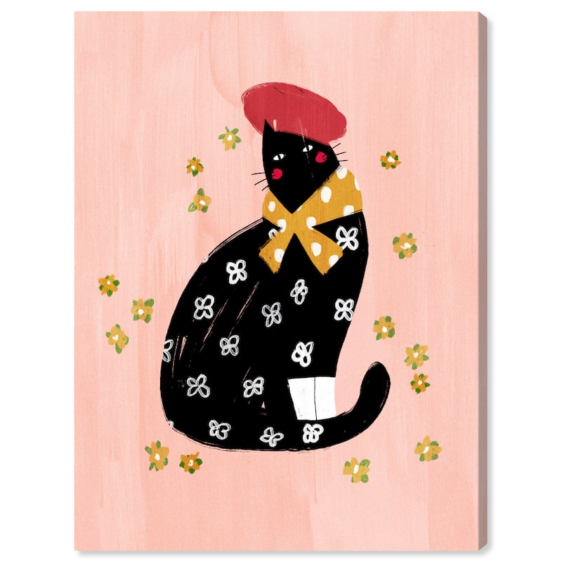 Wynwood Studio Canvas Animals Beret Flower Cat Black and Light Pink Modern & Contemporary Wall Art Canvas Print