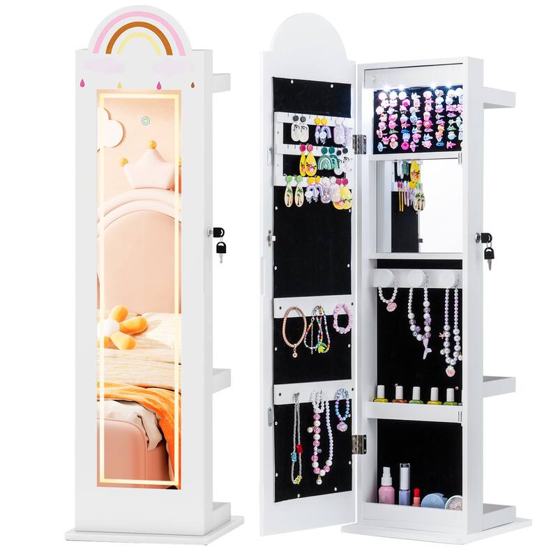 Gymax 3 In 1 Kids Jewelry Cabinet w/3-Color Lighted Full Length Mirror - White