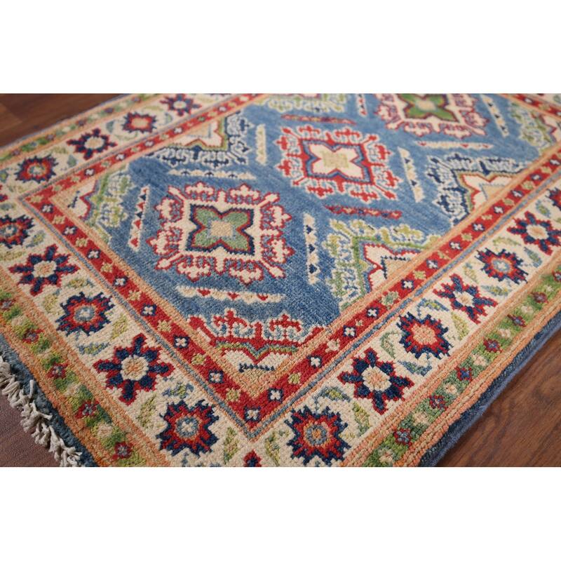 Blue Geometric Kazak Rug Handmade Oriental Wool Carpet - 2'1" x 2'10"