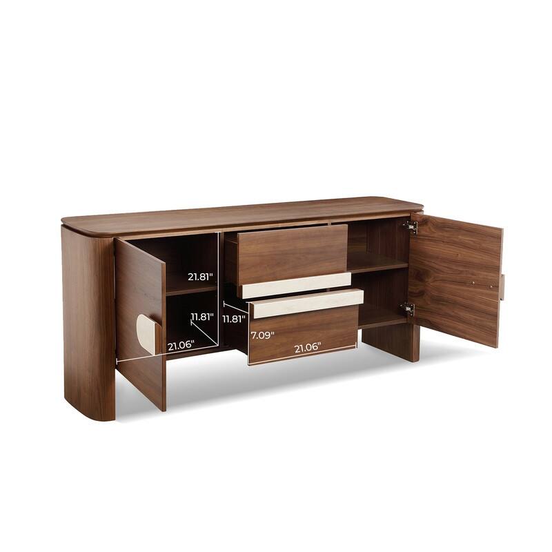 Spruce & Spring Modern Walnut Sideboard with Travertine Accent Handle, Minimalist Storage Console