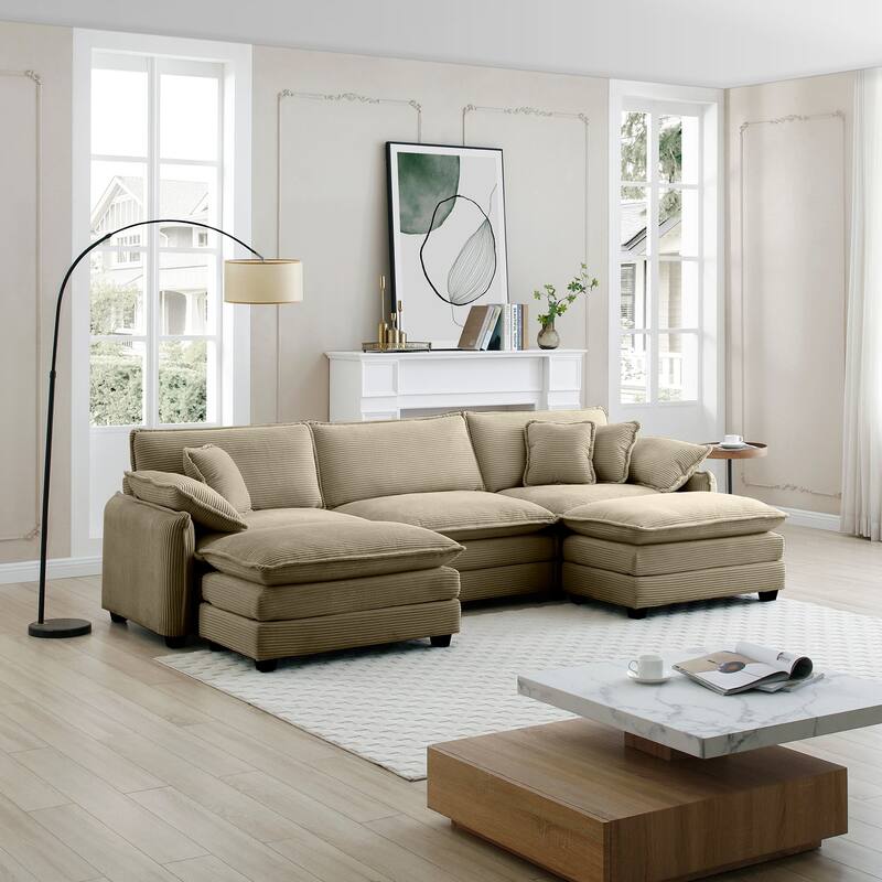 Tan 5-piece Corduroy Upholstered U-Shaped Modular Sectional Sofa with 2 Removable Ottoman, 5 Pillows, and Free Combination