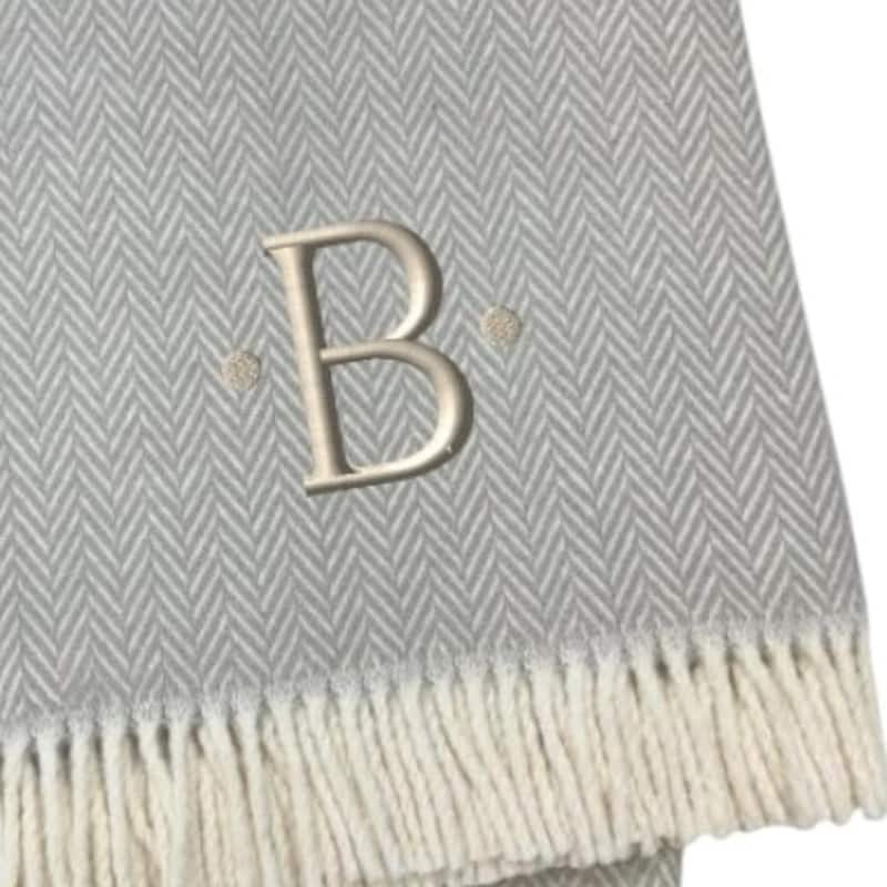 HomeRoots 55" X 70" Gray And White Herringbone Cotton Blend B Initial Throw Blanket with Tassels And Embroidery