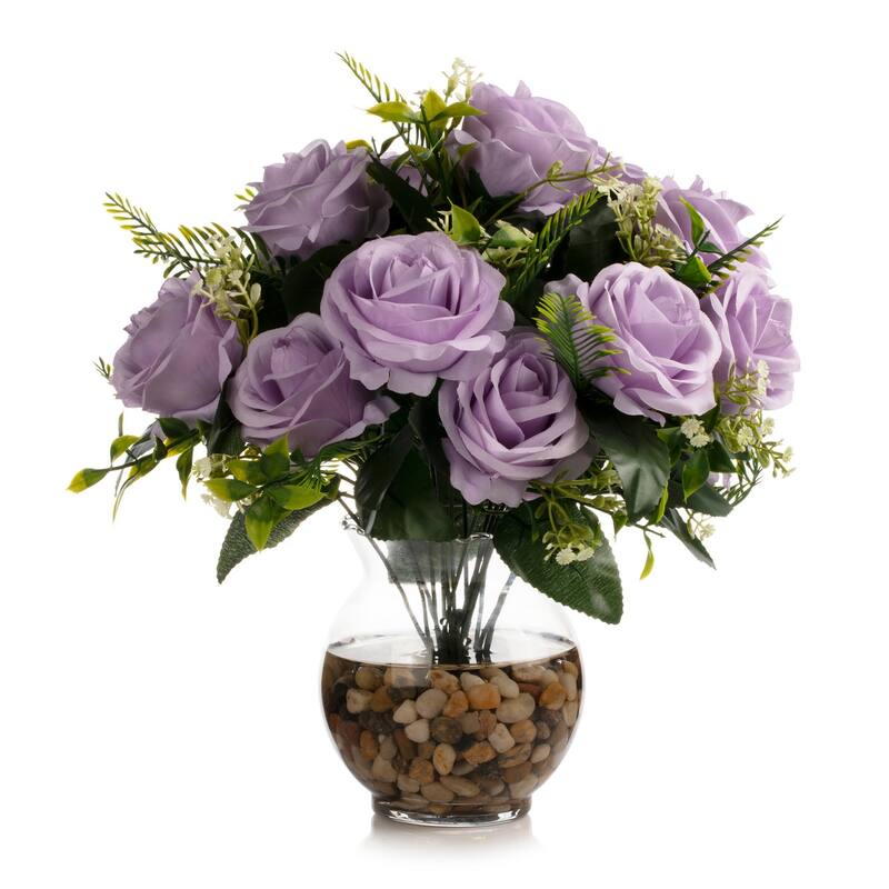 18 Heads Silk Rose Flower in Clear Glass Vase With Faux Water and River Stone for Home Decor, Wedding Table