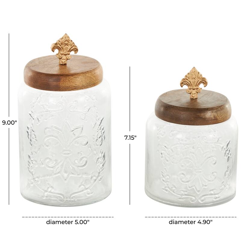 Clear Glass Scroll Living Room Decorative Jars with Brown Wooden Lids and Gold Fleur-De- Lis Knobs (Set of 2)
