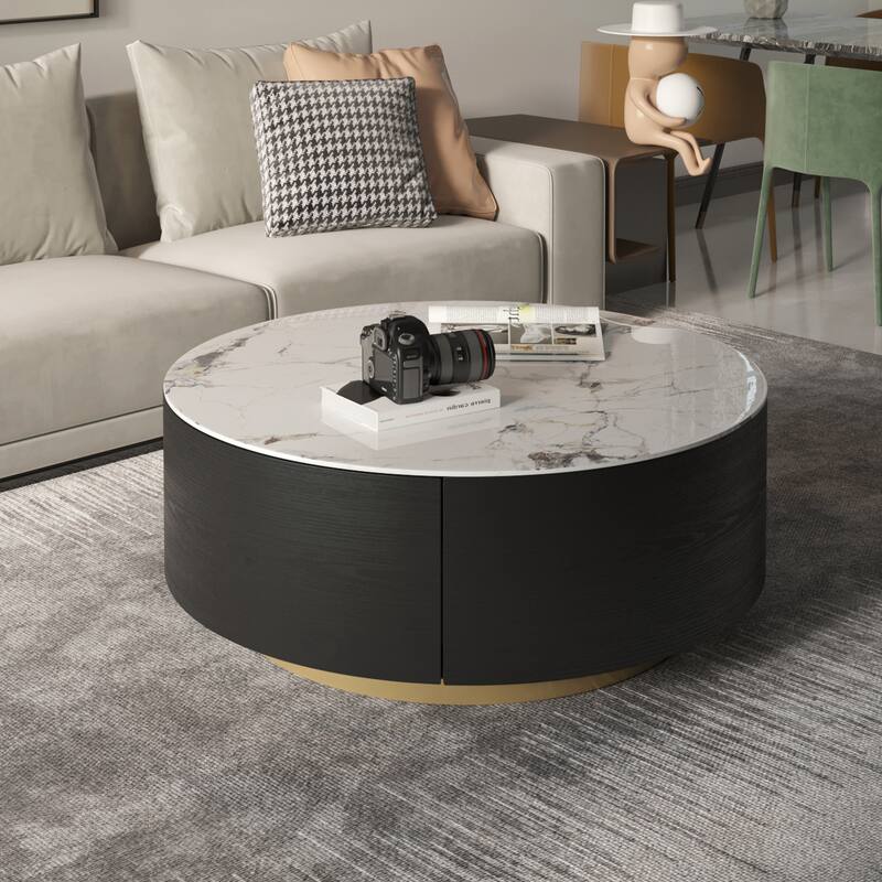 Modern Marble Top Round Coffee Table with Metal Base and 2 Drawers - White&Black