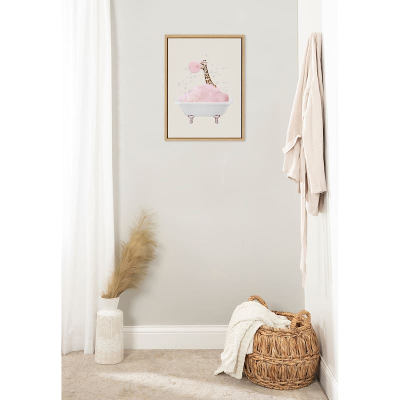 Kate and Laurel Sylvie Giraffe Taking a Bath Framed Canvas by July Art Prints