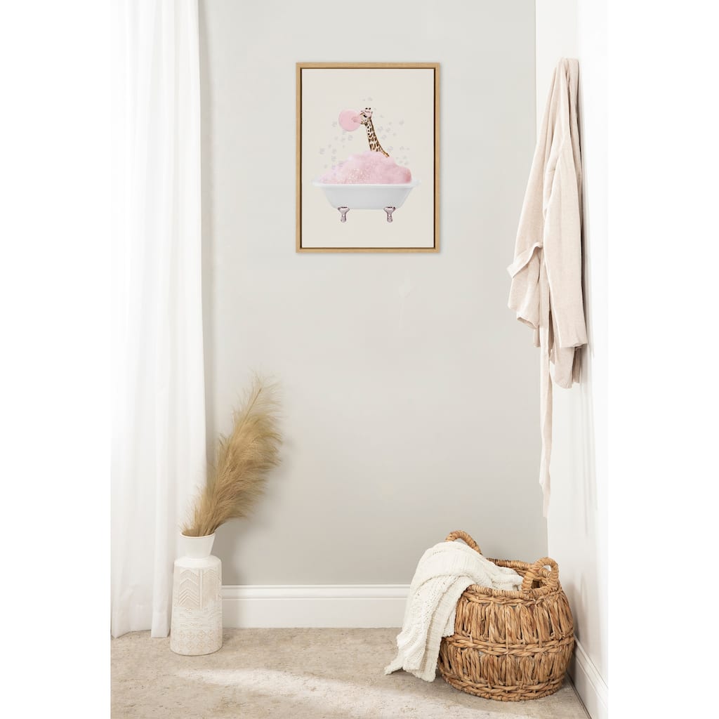 Kate and Laurel Sylvie Giraffe Taking a Bath Framed Canvas by July Art Prints