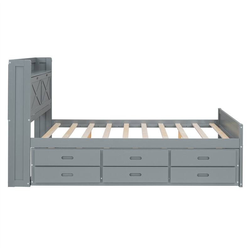 Wooden Platform Bed with Twin Size Trundle and 2 Drawers Underneath, Twin/Full Size Bed Frame with Storage Headboard and Outlets