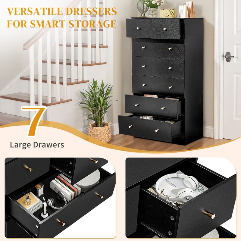 Large 7-Drawer Dresser For Bedroom And Chest Of Drawers With Sturdy Construction Wood Storage Organizer For Closet