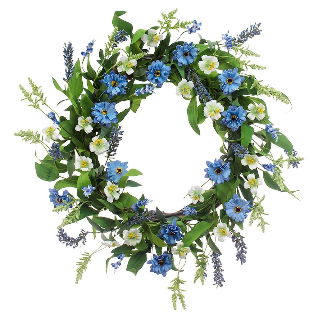 Blue and White Spring Floral Wreath, 10-Inch