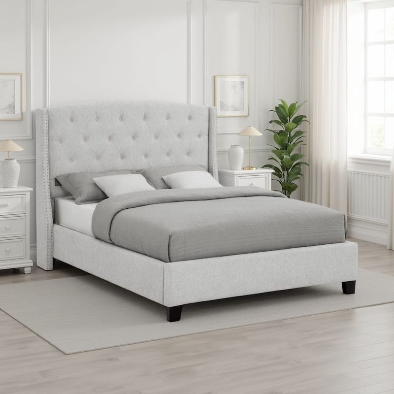 Elle King Size Bed, Tufted Wingback Headboard, Dove Gray Upholstery