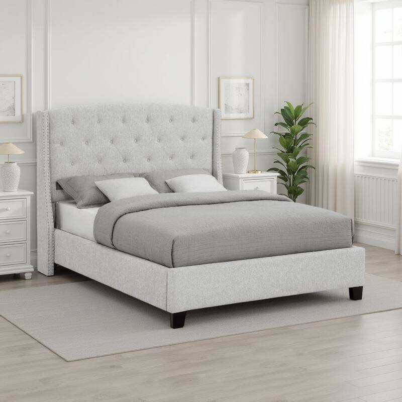 Elle Queen Size Bed, Tufted Wingback Headboard, Dove Gray Upholstery