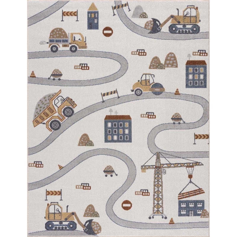 Hauteloom Olwen Living Room, Bedroom Machine Washable Area Rug - Cream, Light Gray - 6'7" x 9'