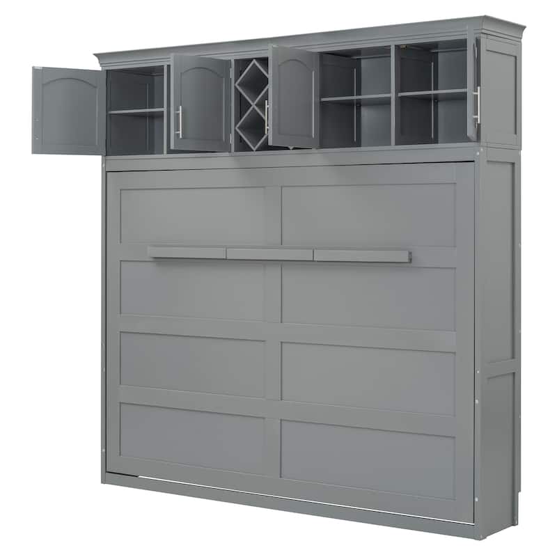Queen Size Murphy Bed Wall Bed with Top Cabinets & Wine Rack, White